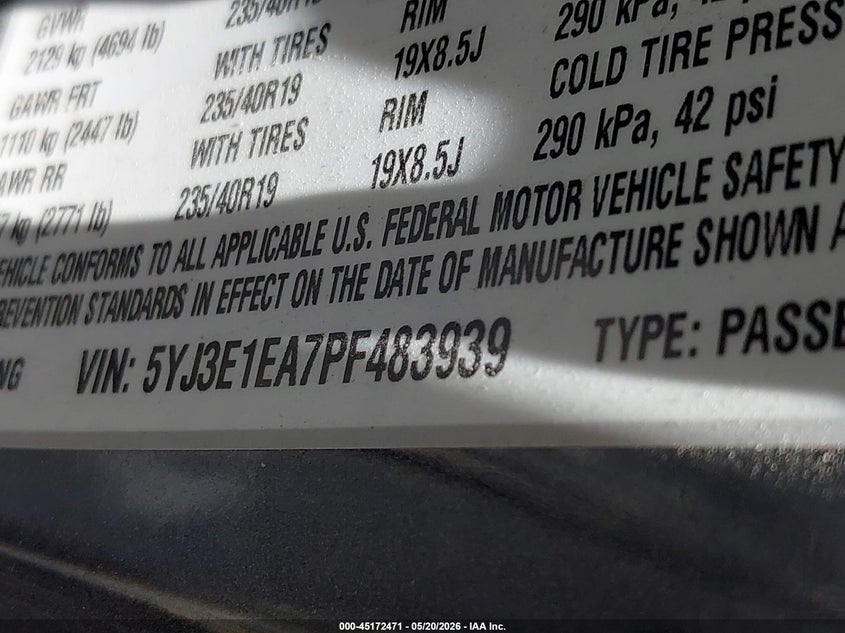 2023 Tesla Model 3 VIN 5YJ3E1EA7PF483939 IAAI salvage auction — LEFT SIDE, Salvage (Texas), sold $3,900 on 2026-07-09 (photo 9)