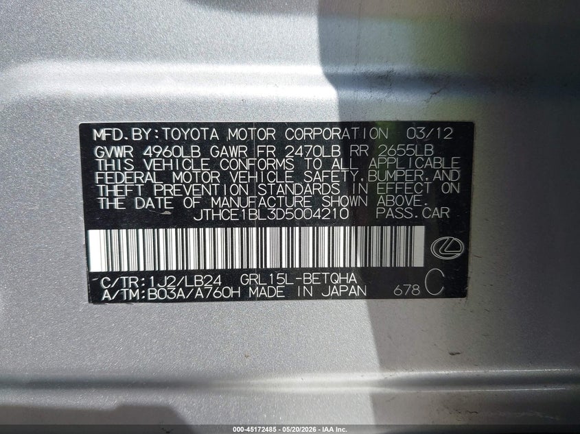 2013 Lexus Gs VIN JTHCE1BL3D5004210 IAAI salvage auction — FRONT END, Clear (Indiana), sold $450 on 2026-07-07 (photo 9)