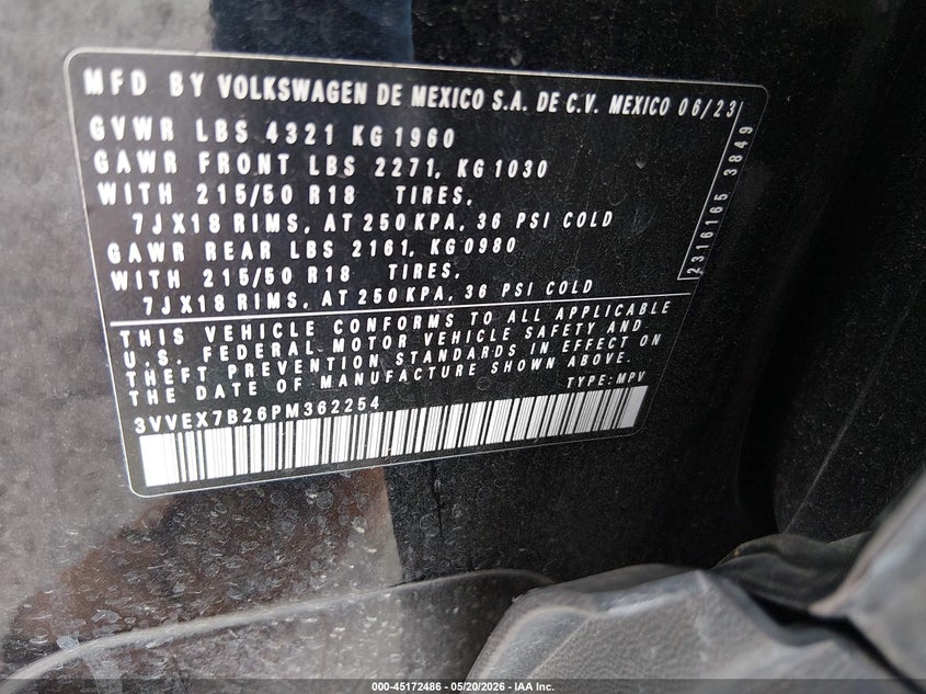 2023 Volkswagen Taos VIN 3VVEX7B26PM362254 IAAI salvage auction — REAR END, Salvage (Texas), sold $7,500 on 2026-07-09 (photo 9)