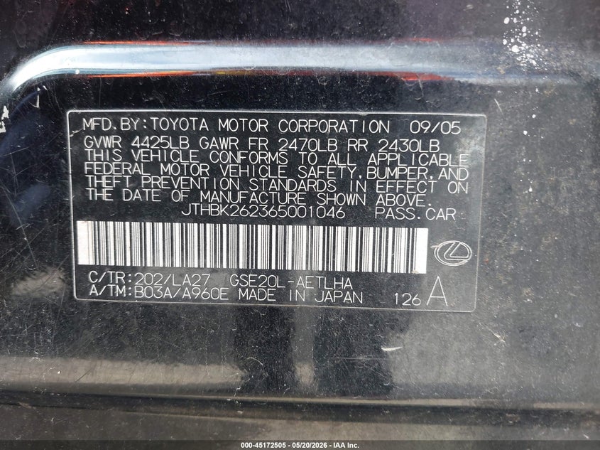 2006 Lexus Is 250 VIN JTHBK262365001046 IAAI salvage auction — FRONT END, Bill Of Sale (Washington), sold $1,950 on 2026-07-08 (photo 9)
