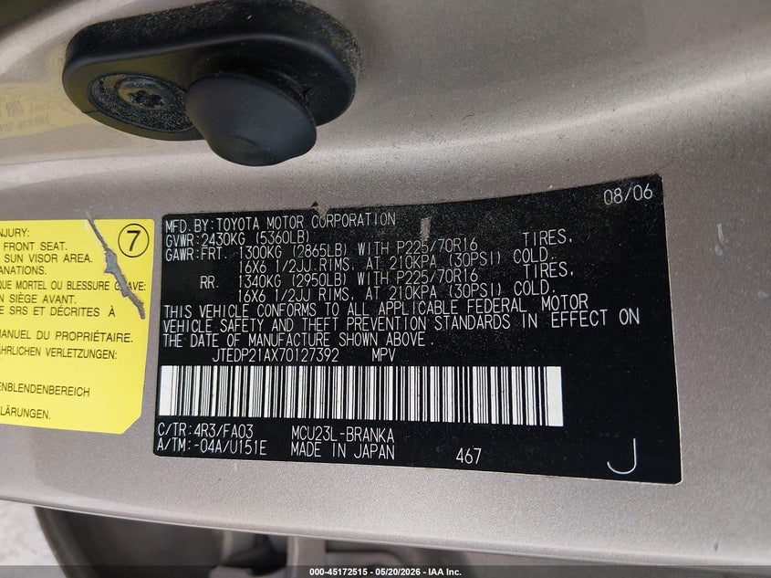 2007 Toyota Highlander VIN JTEDP21AX70127392 IAAI salvage auction — FRONT END, Clear (Tennessee), sold $400 on 2026-07-07 (photo 9)