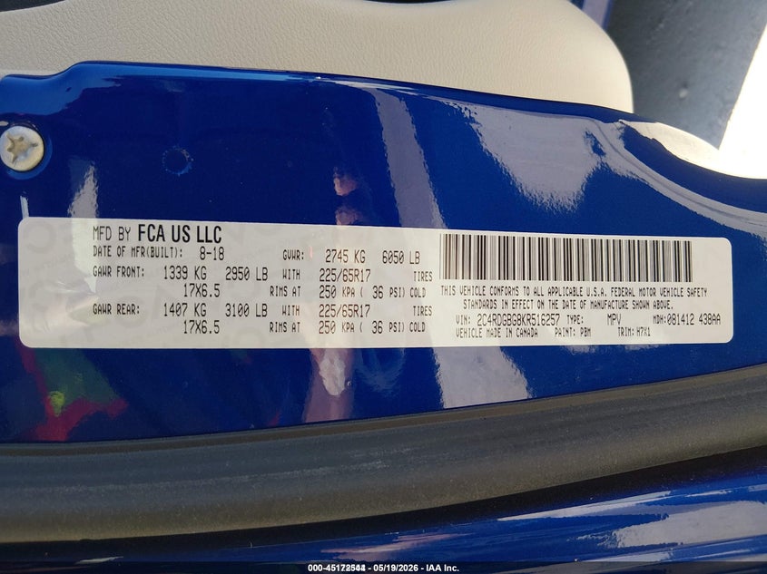 2019 Dodge Grand caravan VIN 2C4RDGBG8KR516257 IAAI salvage auction — NORMAL WEAR, Sf97 (Washington), sold $13,925 on 2026-07-09 (photo 9)