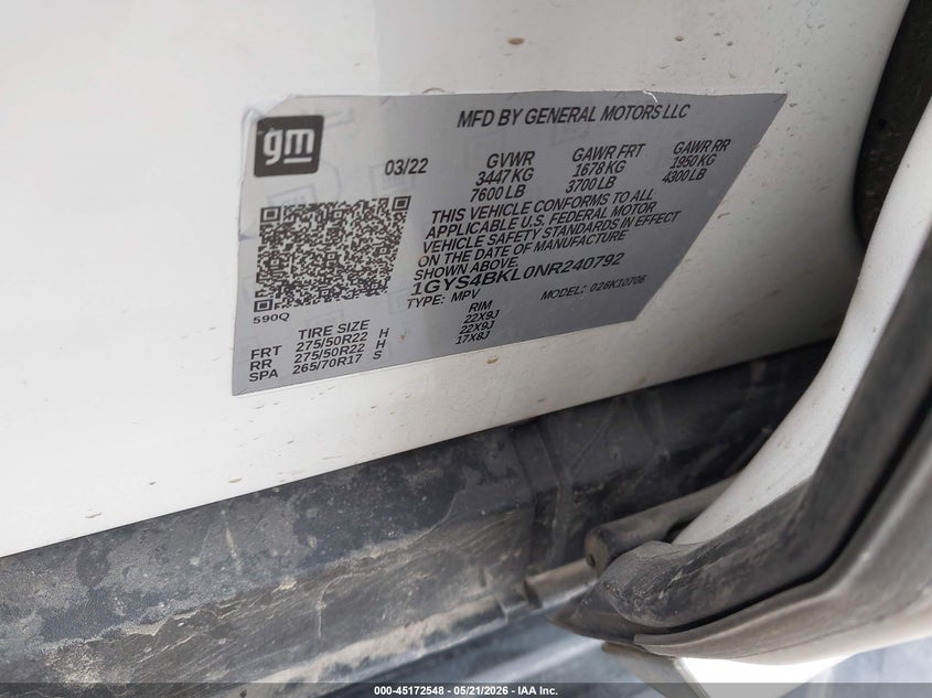 2022 Cadillac Escalade VIN 1GYS4BKL0NR240792 IAAI salvage auction — FRONT END, Wait Title, sold $23,850 on 2026-09-25 (photo 9)
