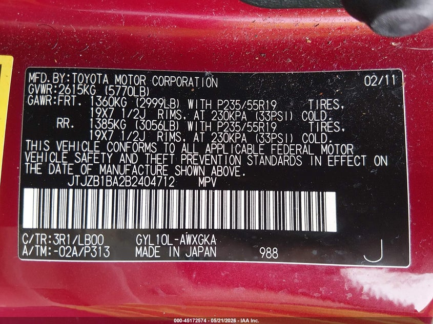 2011 Lexus Rx 450h VIN JTJZB1BA2B2404712 IAAI salvage auction — REAR END, Original (Texas), sold $3,700 on 2026-07-28 (photo 9)