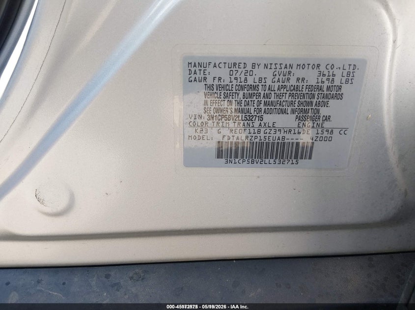 2020 Nissan Kicks VIN 3N1CP5BV2LL532715 IAAI salvage auction — NORMAL WEAR, Sf97 (Washington), sold $8,100 on 2026-07-09 (photo 6)