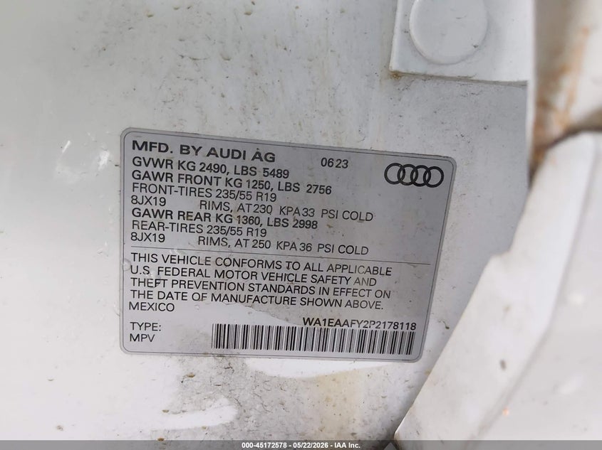2023 Audi Q5 VIN WA1EAAFY2P2178118 IAAI salvage auction — FRONT END, Clear (Tennessee), sold $16,000 on 2026-07-17 (photo 9)