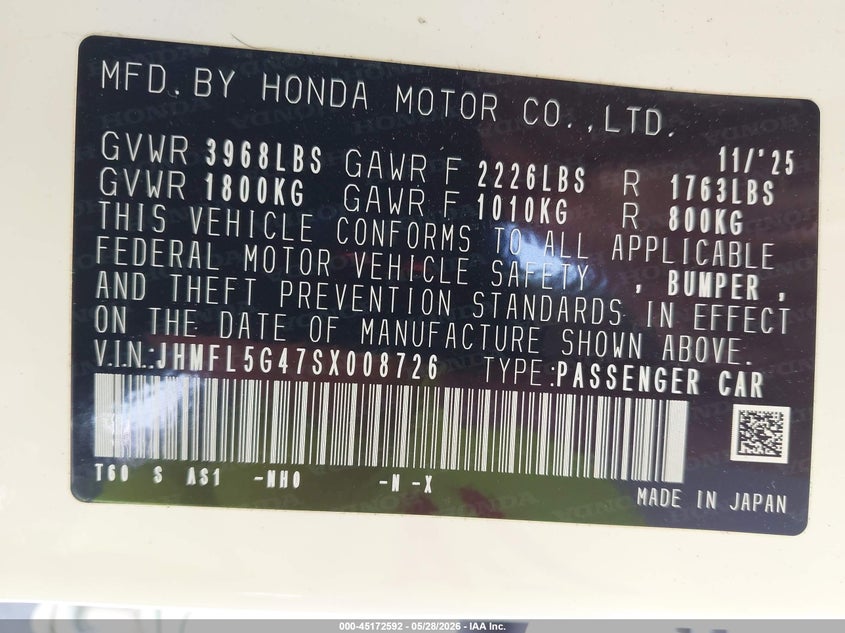 2025 Honda Civic type r VIN JHMFL5G47SX008726 IAAI salvage auction — FRONT & REAR, Salvage Title, sold $20,100 on 2026-07-30 (photo 9)
