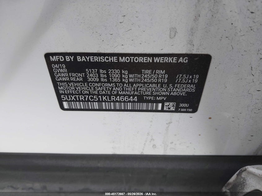 2019 BMW X3 VIN 5UXTR7C51KLR46644 IAAI salvage auction — FRONT END, Salvage Certificate (California), sold $6,200 on 2026-07-15 (photo 9)
