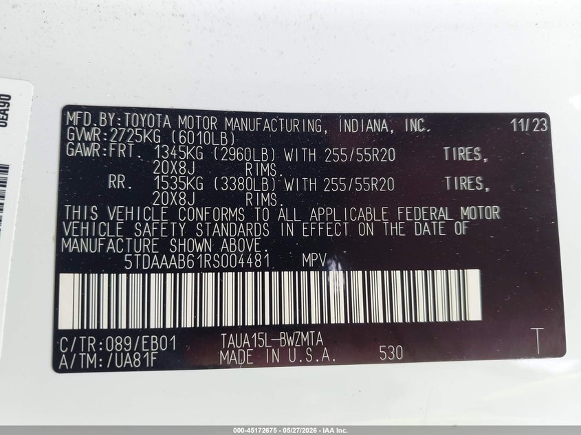 2024 Lexus Tx VIN 5TDAAAB61RS004481 IAAI salvage auction — ENGINE DAMAGE, Salvage Title, sold $30,000 on 2026-07-11 (photo 9)