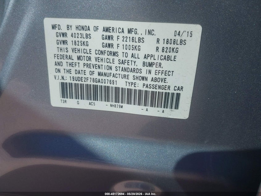 2016 Acura Ilx VIN 19UDE2F78GA007691 IAAI salvage auction — LEFT SIDE, Salvage (California), sold $1,800 on 2026-07-25 (photo 9)