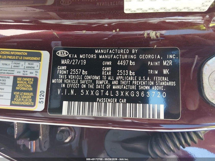 2019 Kia Optima VIN 5XXGT4L3XKG363720 IAAI salvage auction — FRONT END, Salvage (Texas), sold $1,725 on 2026-07-24 (photo 9)