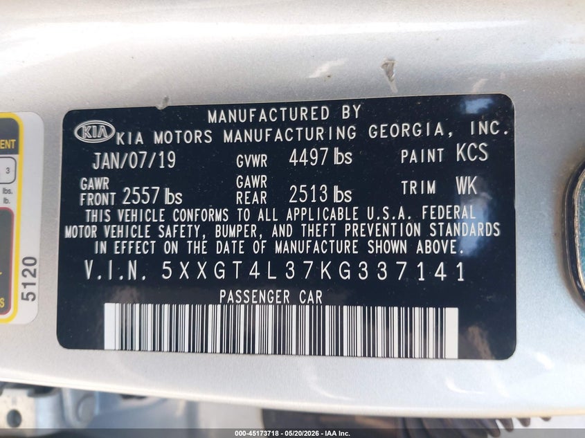 2019 Kia Optima VIN 5XXGT4L37KG337141 IAAI salvage auction — FRONT END, Salvage (California), sold $1,050 on 2026-07-29 (photo 9)