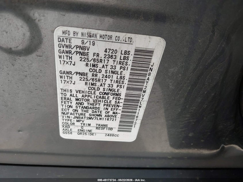 2020 Nissan Rogue VIN JN8AT2MV7LW116721 IAAI salvage auction — FRONT END, Mv-907A (New York), sold $2,500 on 2026-07-28 (photo 9)