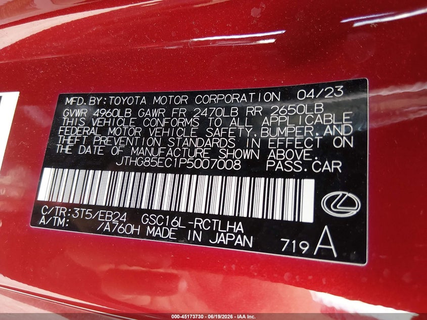2023 Lexus Rc VIN JTHG85EC1P5007008 IAAI salvage auction — FRONT END, Salvage (Massachusetts), sold $125 on 2026-07-24 (photo 9)