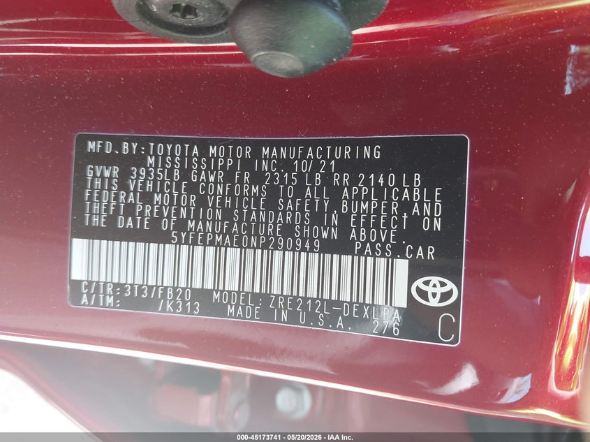 2022 Toyota Corolla VIN 5YFEPMAE0NP290949 IAAI salvage auction — SUSPENSION, Salvage (Rhode Island), sold $225 on 2026-07-28 (photo 9)