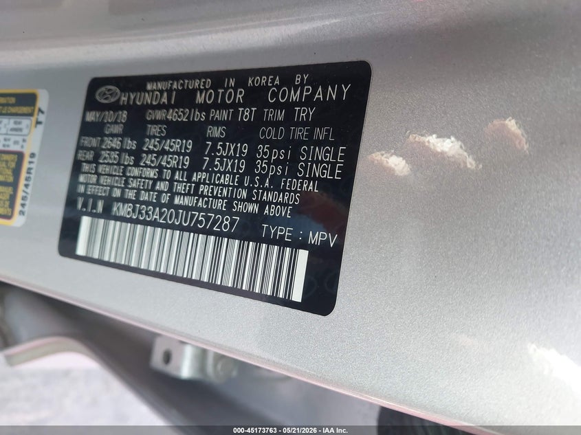 2018 Hyundai Tucson VIN KM8J33A20JU757287 IAAI salvage auction — REAR END, Salvage Title, sold $4,150 on 2026-07-29 (photo 9)