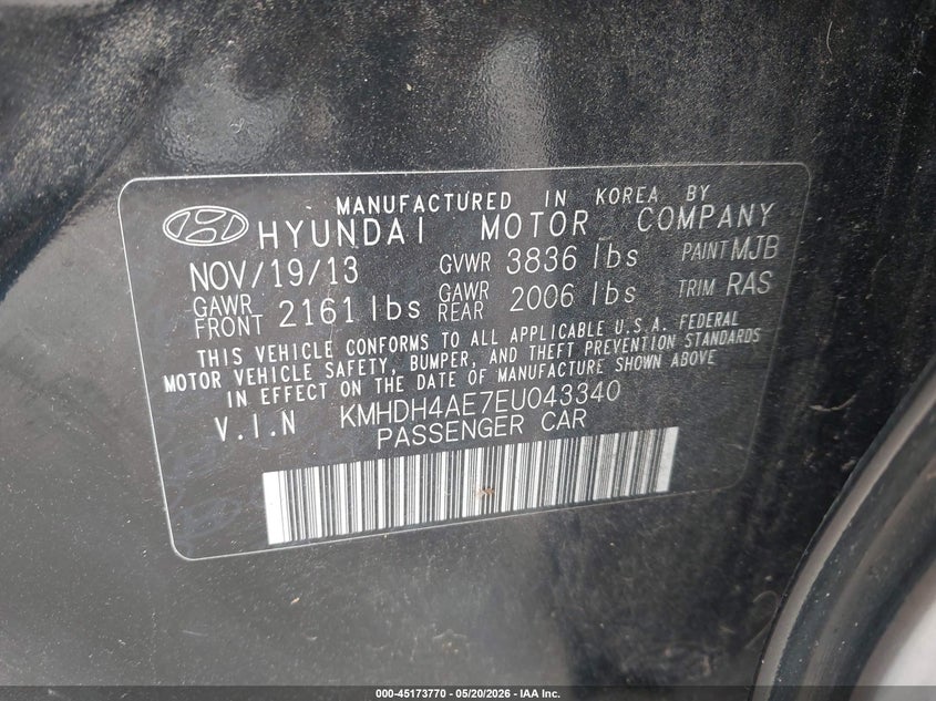 2014 Hyundai Elantra VIN KMHDH4AE7EU043340 IAAI salvage auction — NORMAL WEAR, Salvage (Nebraska), sold $1,000 on 2026-07-16 (photo 9)