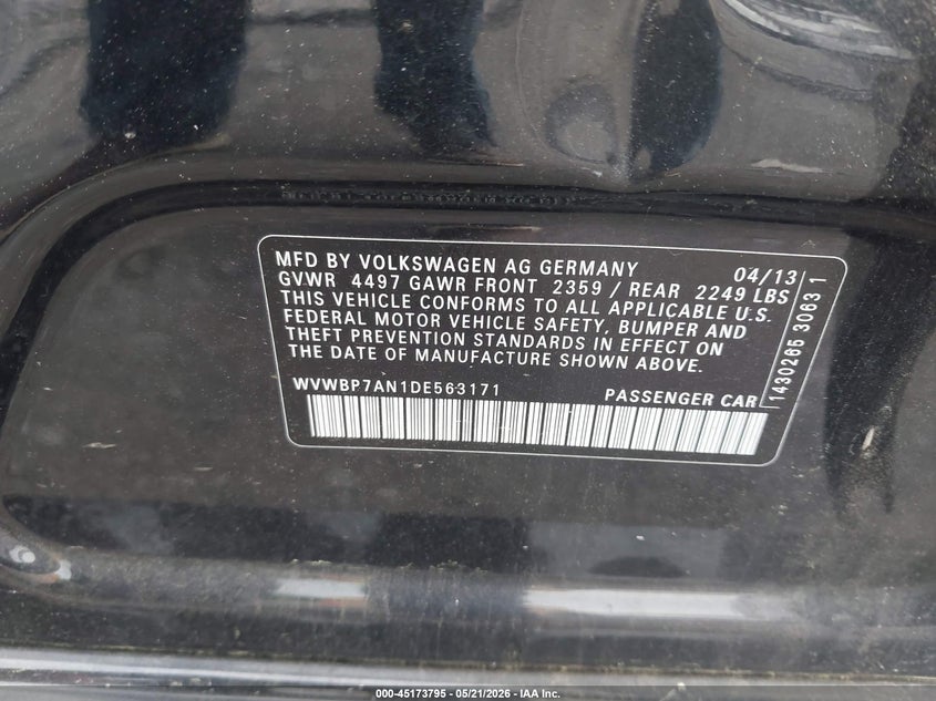 2013 Volkswagen Passat cc VIN WVWBP7AN1DE563171 IAAI salvage auction — REAR END, Clear (Virginia), sold $625 on 2026-07-14 (photo 9)
