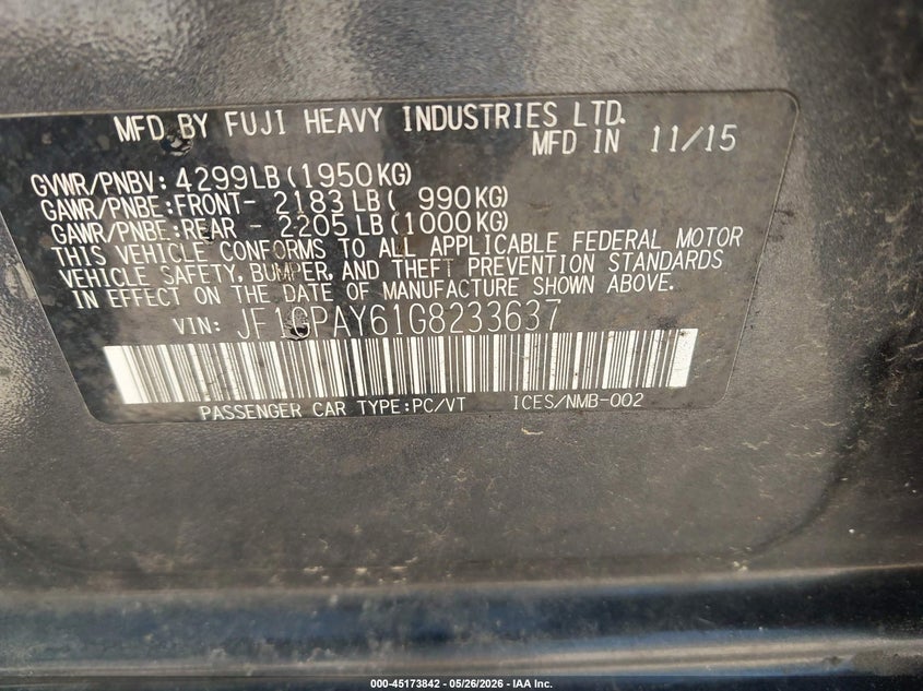 2016 Subaru Impreza VIN JF1GPAY61G8233637 IAAI salvage auction — HAIL, Salvage Title, sold $1,050 on 2026-07-22 (photo 9)
