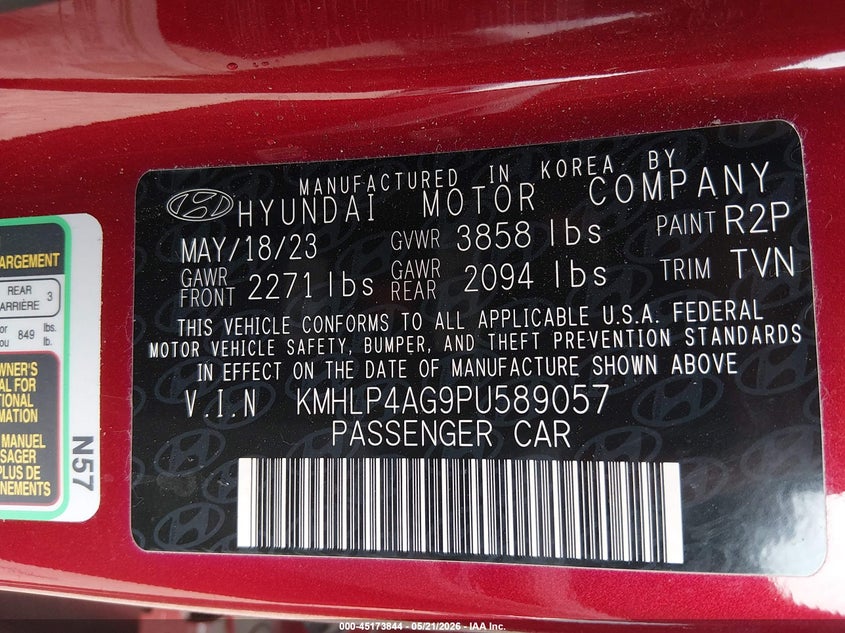2023 Hyundai Elantra VIN KMHLP4AG9PU589057 IAAI salvage auction — FRONT END, Salvage (Texas), sold $3,750 on 2026-07-21 (photo 9)