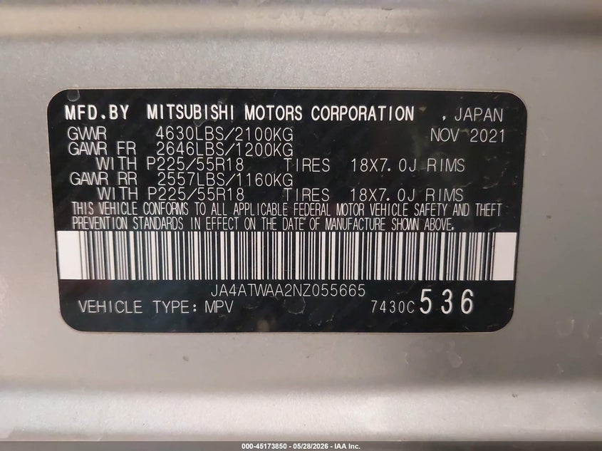 2022 Mitsubishi Eclipse cross VIN JA4ATWAA2NZ055665 IAAI salvage auction — FRONT END, Regular (South Dakota), sold $2,750 on 2026-08-27 (photo 9)