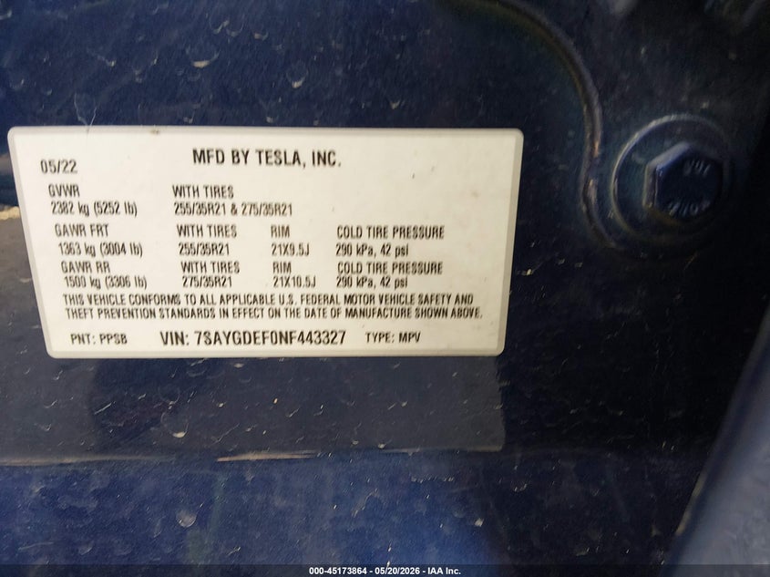 2022 Tesla Model y VIN 7SAYGDEF0NF443327 IAAI salvage auction — LEFT REAR, Salvage (Missouri), sold $9,400 on 2026-07-23 (photo 9)