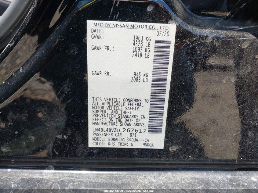 2020 Nissan Altima VIN 1N4BL4BV2LC267617 IAAI salvage auction — FRONT & REAR, Salvage (Tennessee), sold $1,750 on 2026-07-29 (photo 9)