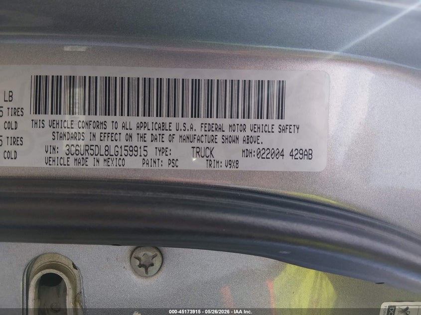 2020 Ram 2500 VIN 3C6UR5DL8LG159915 IAAI salvage auction — HAIL, Original (Texas), sold $7,500 on 2026-07-28 (photo 9)