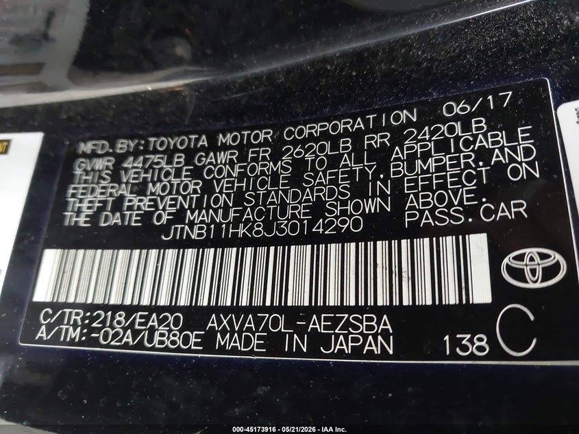 2018 Toyota Camry VIN JTNB11HK8J3014290 IAAI salvage auction — FRONT END, Salvage Title, sold $4,050 on 2026-08-02 (photo 9)