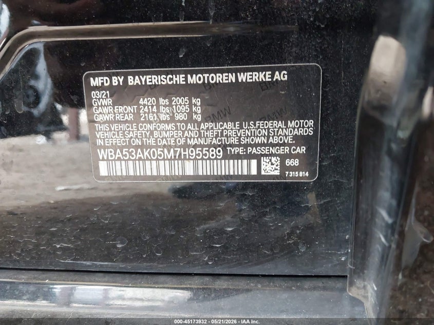 2021 BMW 2er VIN WBA53AK05M7H95589 IAAI salvage auction — FRONT END, Salvage (Texas), sold $4,350 on 2026-07-07 (photo 9)