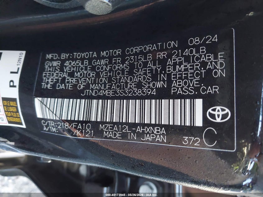 2025 Toyota Corolla VIN JTND4MBE3S3238394 IAAI salvage auction — FRONT & REAR, Salvage (Idaho), sold $25 on 2026-07-30 (photo 9)