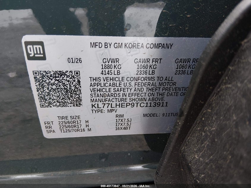 2026 Chevrolet Trax VIN KL77LHEP9TC113911 IAAI salvage auction — FRONT END, Salvage (Tennessee), sold $1,200 on 2026-07-22 (photo 9)