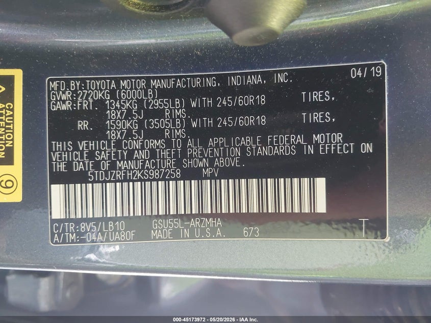 2019 Toyota Highlander VIN 5TDJZRFH2KS987258 IAAI salvage auction — FRONT END, Salvage - Greater Than 75% (Maryland), sold $5,250 on 2026-07-28 (photo 9)