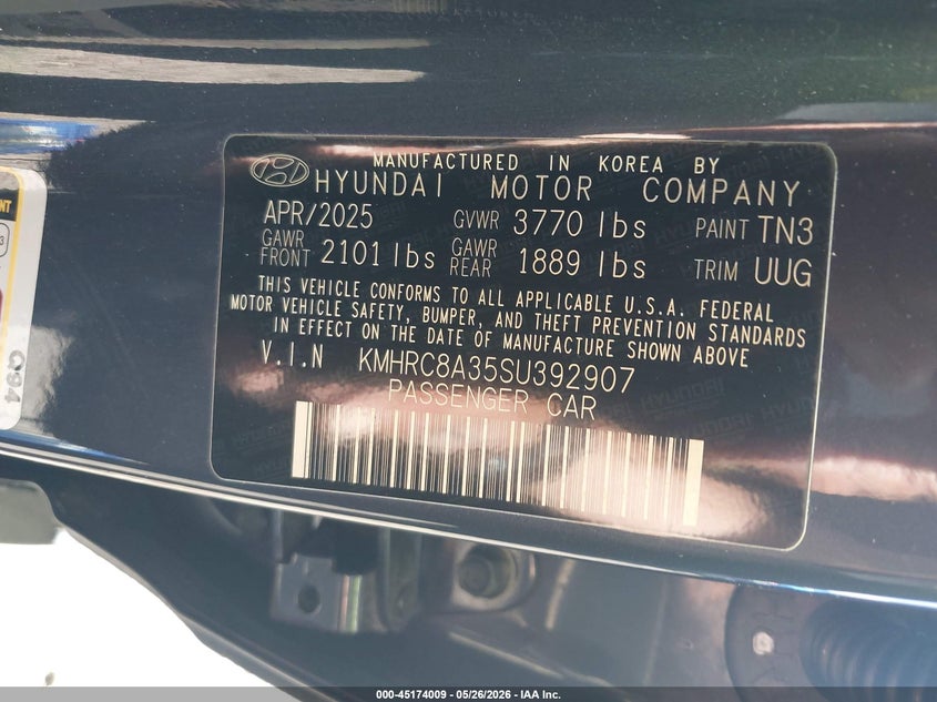 2025 Hyundai Venue VIN KMHRC8A35SU392907 IAAI salvage auction — LEFT FRONT, Mv-907A (New York), sold $4,300 on 2026-07-21 (photo 9)