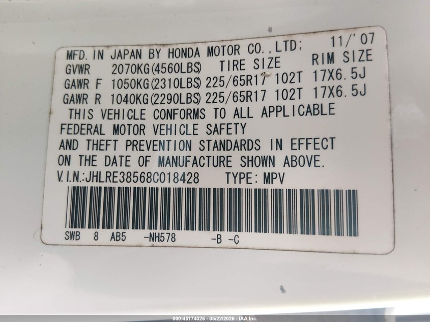 2008 Honda Cr-v VIN JHLRE38568C018428 IAAI salvage auction — FRONT END, Salvage (New Jersey), sold $325 on 2026-07-28 (photo 9)
