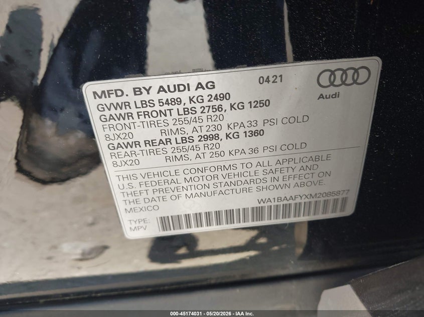 2021 Audi Q5 VIN WA1BAAFYXM2085877 IAAI salvage auction — FRONT END, Salvage (Georgia), sold $12,700 on 2026-07-09 (photo 9)