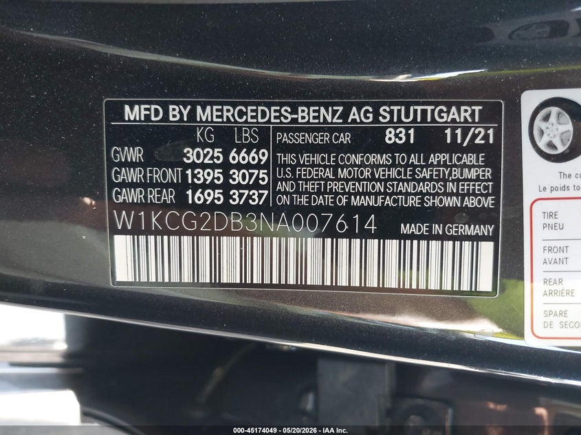 2022 Mercedes-benz Eqs VIN W1KCG2DB3NA007614 IAAI salvage auction — FRONT END, Salvage Title, sold $13,200 on 2026-07-22 (photo 9)
