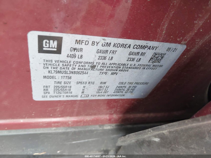 2022 Chevrolet Trailblazer VIN KL79MUSL3NB062544 IAAI salvage auction — LEFT SIDE, Mv-907A (New York), sold $3,150 on 2026-07-14 (photo 9)