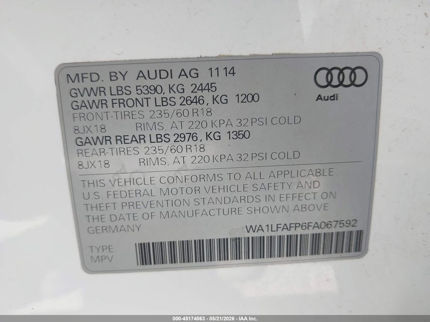 2015 Audi Q5 VIN WA1LFAFP6FA067592 IAAI salvage auction — FRONT END, Salvage (California), sold $3,450 on 2026-07-14 (photo 9)