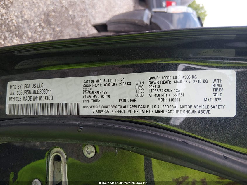 2020 Ram 2500 VIN 3C6UR5NL0LG308011 IAAI salvage auction — FRONT END, Salvage Title, sold $7,000 on 2026-09-06 (photo 9)