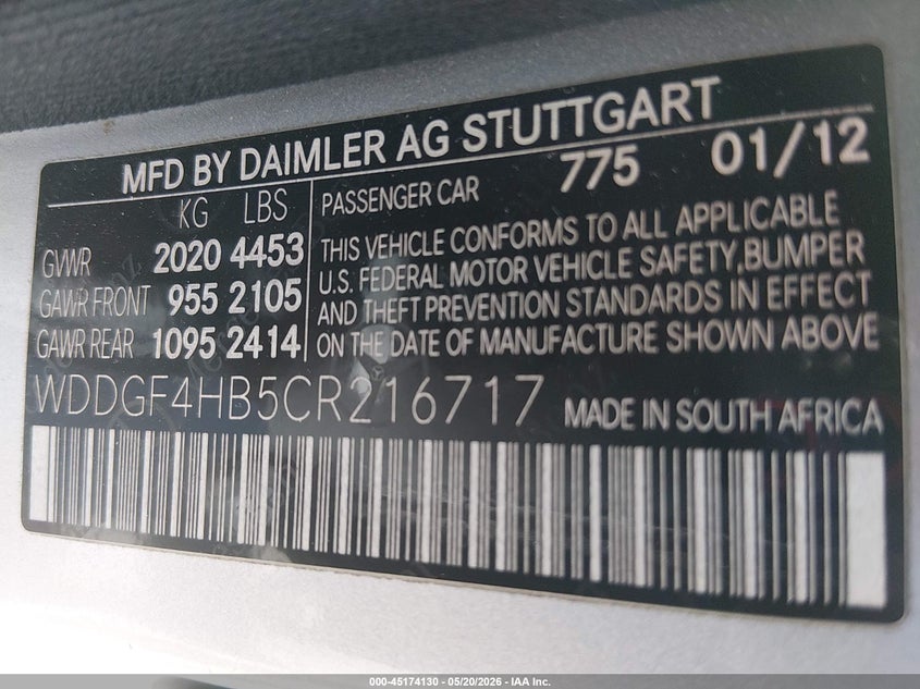 2012 Mercedes-benz C class VIN WDDGF4HB5CR216717 IAAI salvage auction — NORMAL WEAR, Clear (Nevada), sold $1,100 on 2026-07-13 (photo 9)