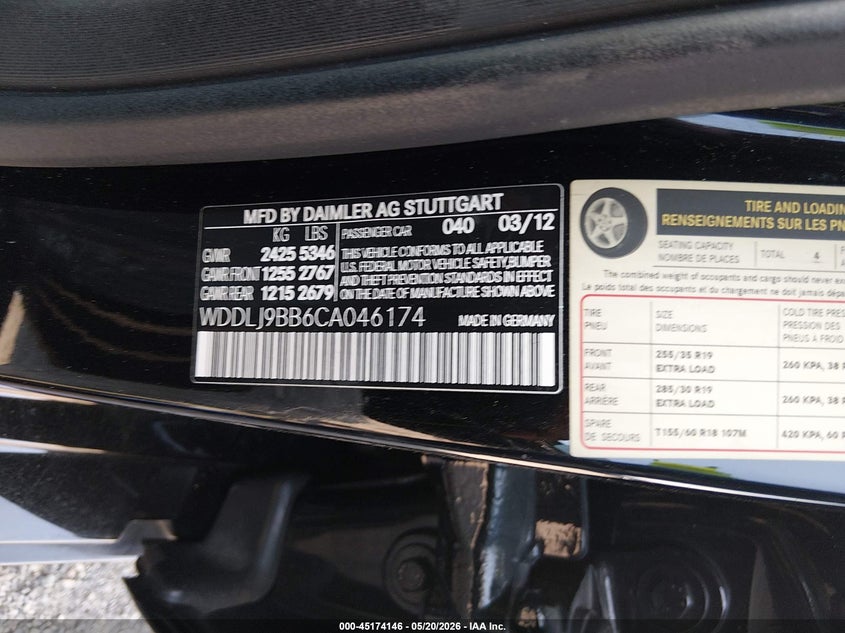 2012 Mercedes-benz Cls-klasse VIN WDDLJ9BB6CA046174 IAAI salvage auction — FRONT END, Salvage - Greater Than 75% (Maryland), sold $3,150 on 2026-07-20 (photo 9)