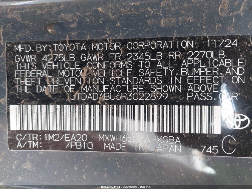 2024 Toyota Prius VIN JTDADABU6R3022899 IAAI salvage auction — FRONT & REAR, Salvage (Wyoming), sold $825 on 2026-07-23 (photo 9)