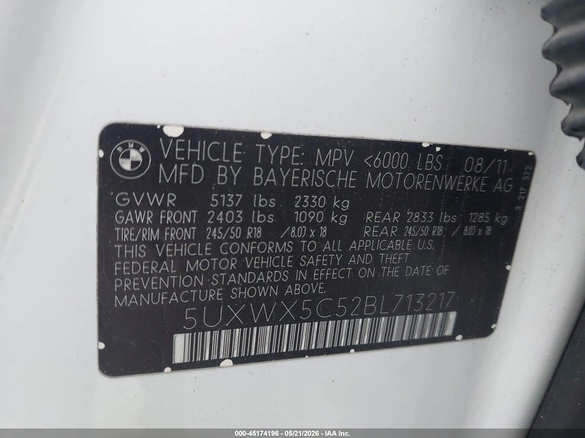 2011 BMW X3 VIN 5UXWX5C52BL713217 IAAI salvage auction — NORMAL WEAR, Clear (Montana), sold $250 on 2026-07-29 (photo 9)