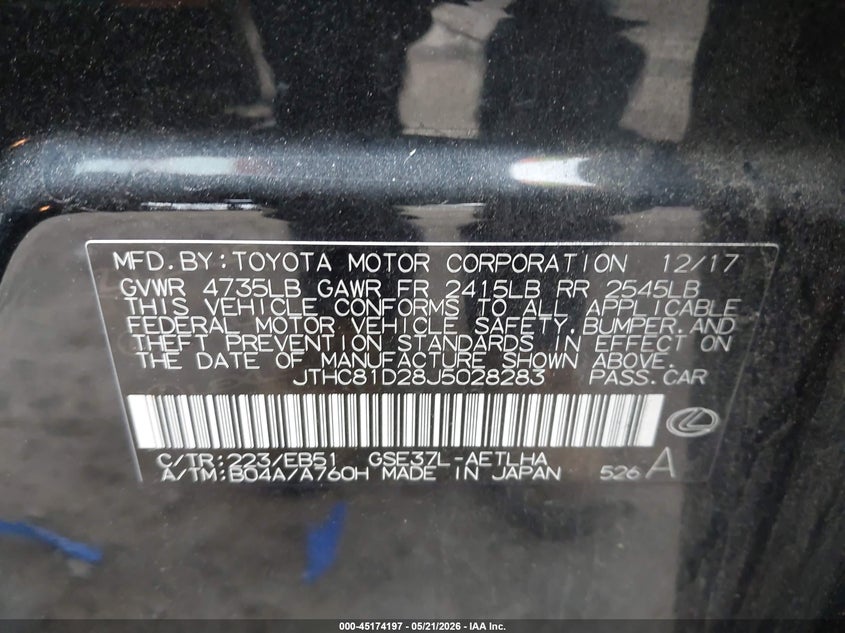 2018 Lexus Is VIN JTHC81D28J5028283 IAAI salvage auction — LEFT FRONT, Salvage - Greater Than 75% (Maryland), sold $5,450 on 2026-07-08 (photo 9)