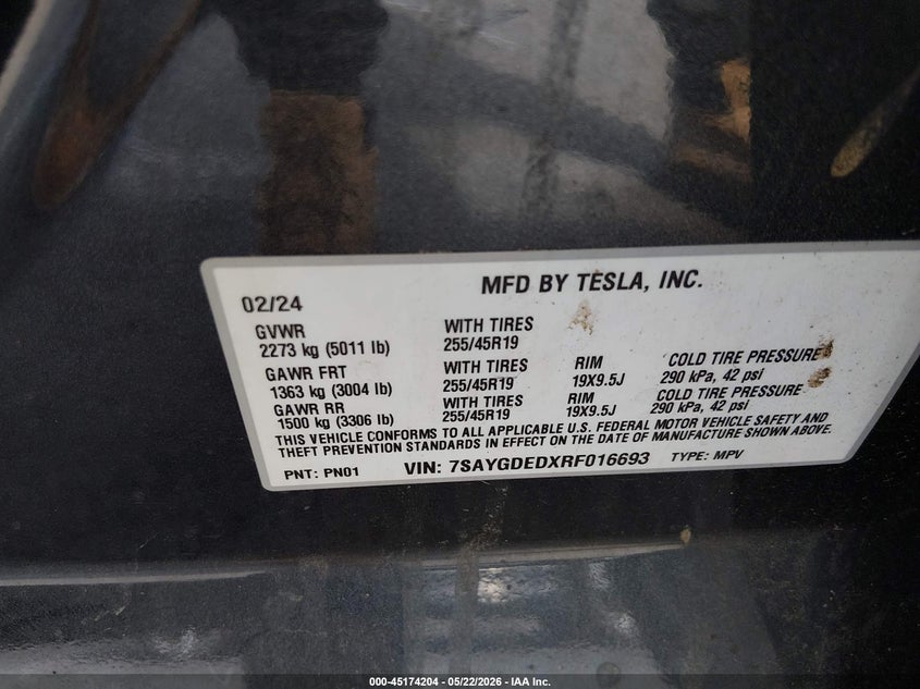 2024 Tesla Model y VIN 7SAYGDEDXRF016693 IAAI salvage auction — FRONT & REAR, Salvage (New Jersey), sold $10,225 on 2026-07-16 (photo 9)