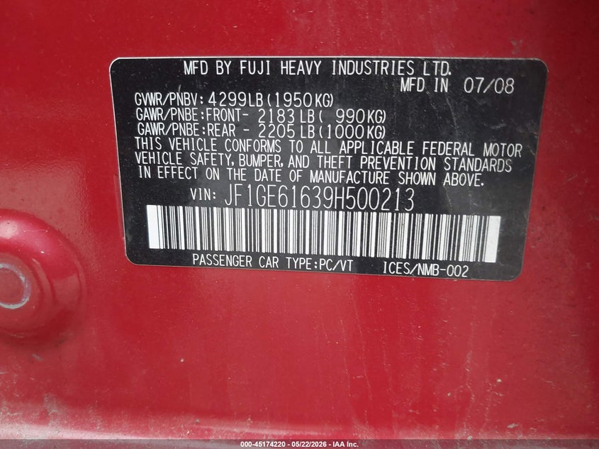2009 Subaru Impreza VIN JF1GE61639H500213 IAAI salvage auction — NORMAL WEAR, Original (Ohio), sold $25 on 2026-07-21 (photo 9)