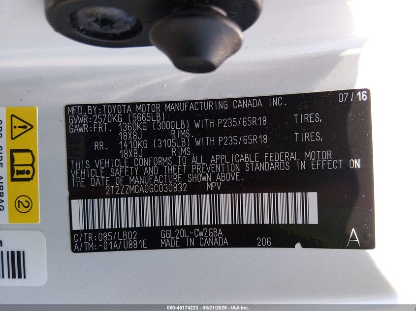 2016 Lexus Rx VIN 2T2ZZMCA0GC030832 IAAI salvage auction — LEFT FRONT, Salvage (South Carolina), sold $7,500 on 2026-07-29 (photo 9)