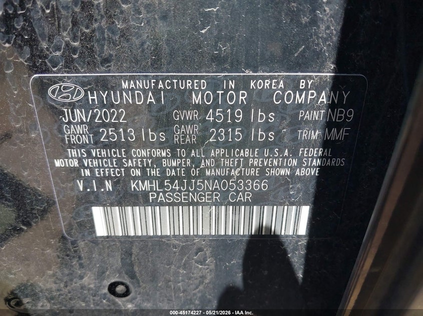 2022 Hyundai Sonata VIN KMHL54JJ5NA053366 IAAI salvage auction — REAR END, Clear (Michigan), sold $6,500 on 2026-07-16 (photo 9)