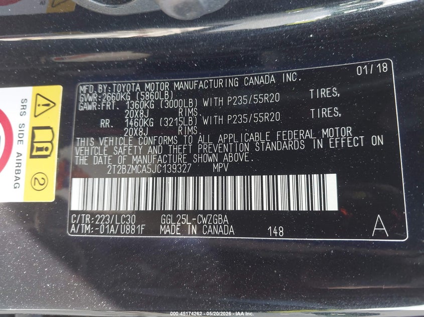 2018 Lexus Rx VIN 2T2BZMCA5JC139327 IAAI salvage auction — FRONT END, Salvage (California), sold $12,900 on 2026-07-29 (photo 9)